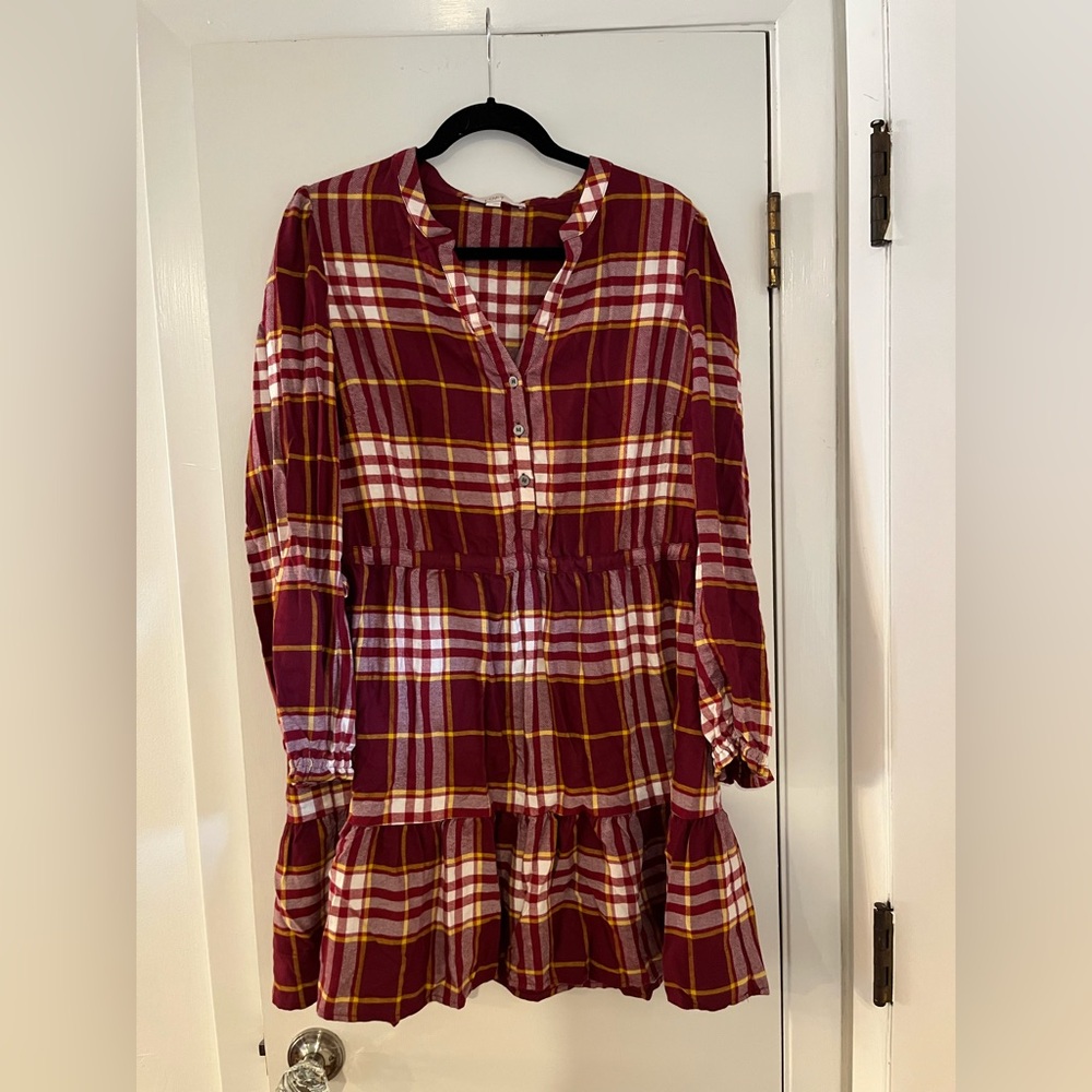 LOFT Burgundy and Mustard Plaid Button-Front Dress